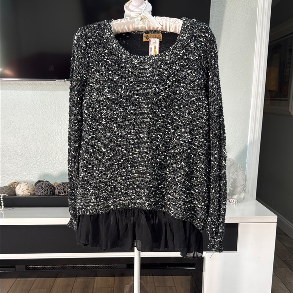 Katsumi Chic Black and White Knit Sweater with Ruffle Detail (S/M)